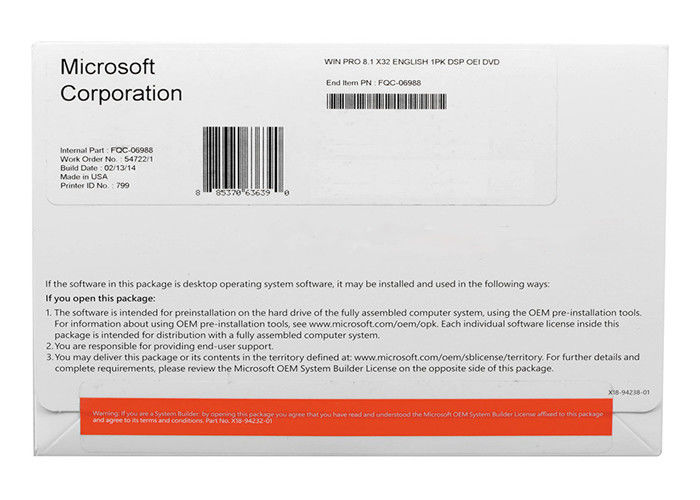 Συσκευασία Microsoft Windows 8,1 cOem βασική γνήσια 100% αυτοκόλλητη ετικέττα ενεργοποίησης COA αδειών